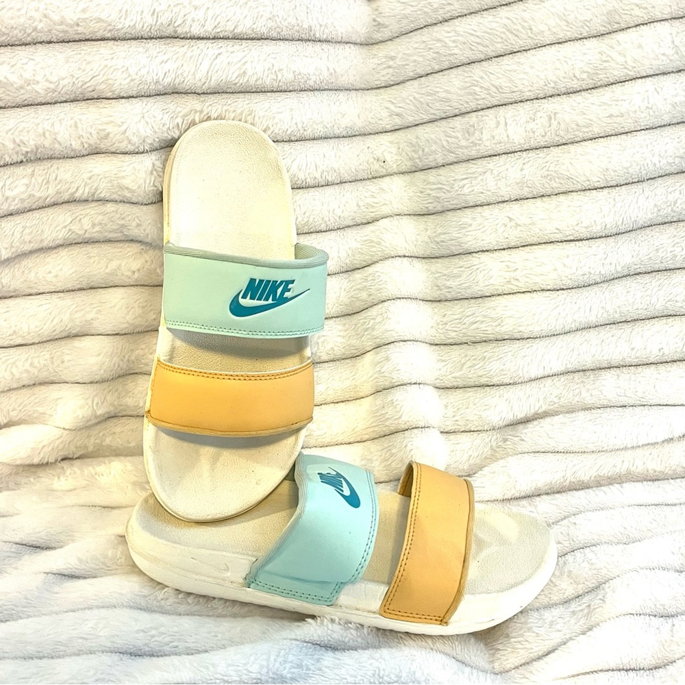 Nike Women's Two-Stripe Slide Sandals in Light Blue and Yellow